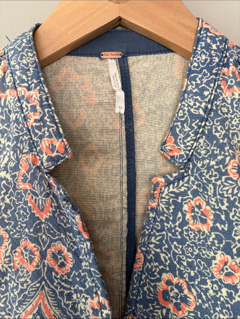 Free People Floral Blazer Jacket Size 12 Blue Coral Pink Cream Boho Cottage - Picture 5 of 8